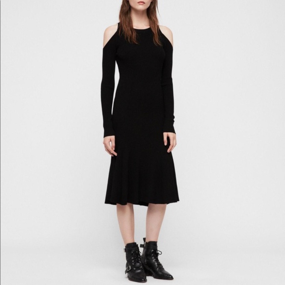 Allsaints Yasmin Black Fitted Rib Knit Open Shoulder Midi Dress 8 Large
